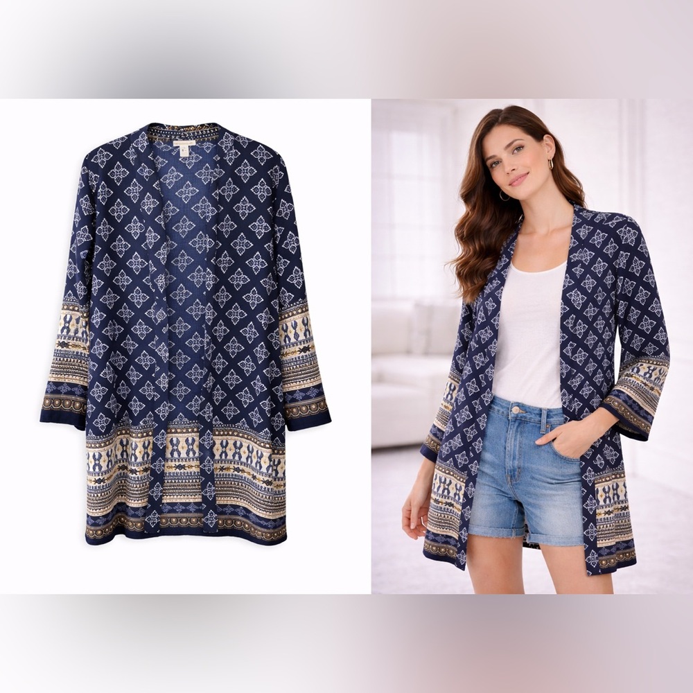Boho Navy Print Kimono Flowy Layer | Lightweight Duster | Size S